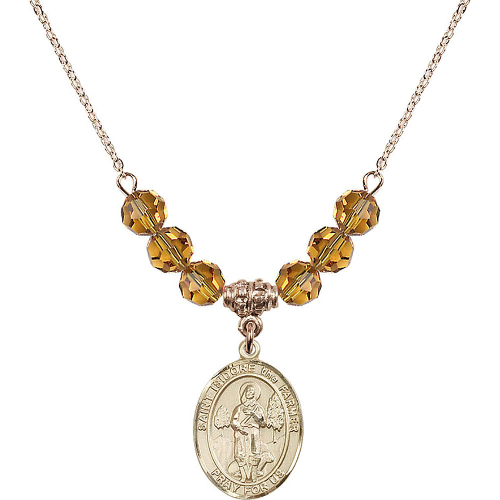 14kt Gold Filled Saint Isidore the Farmer Birthstone Necklace with Topaz Beads - 8276