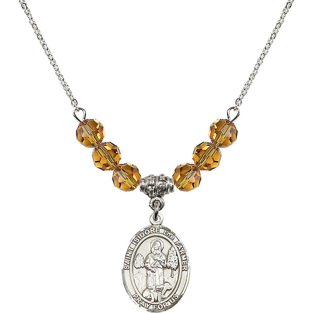 Sterling Silver Saint Isidore the Farmer Birthstone Necklace with Topaz Beads - 8276