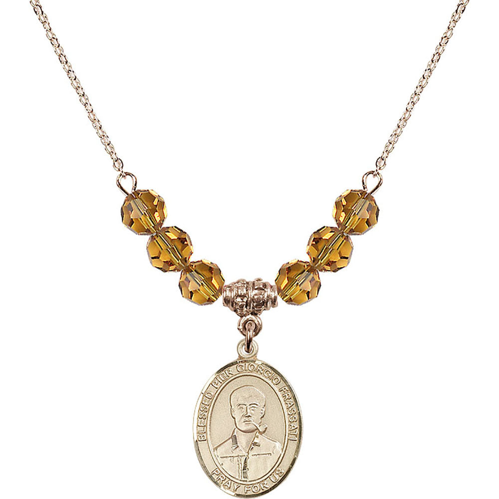 14kt Gold Filled Blessed Pier Giorgio Frassati Birthstone Necklace with Topaz Beads - 8278