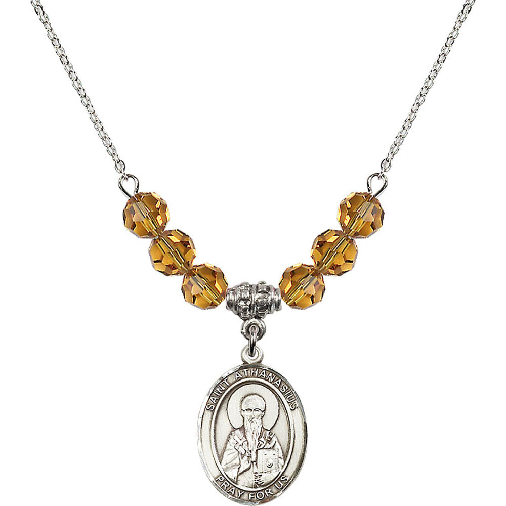 Sterling Silver Saint Athanasius Birthstone Necklace with Topaz Beads - 8296
