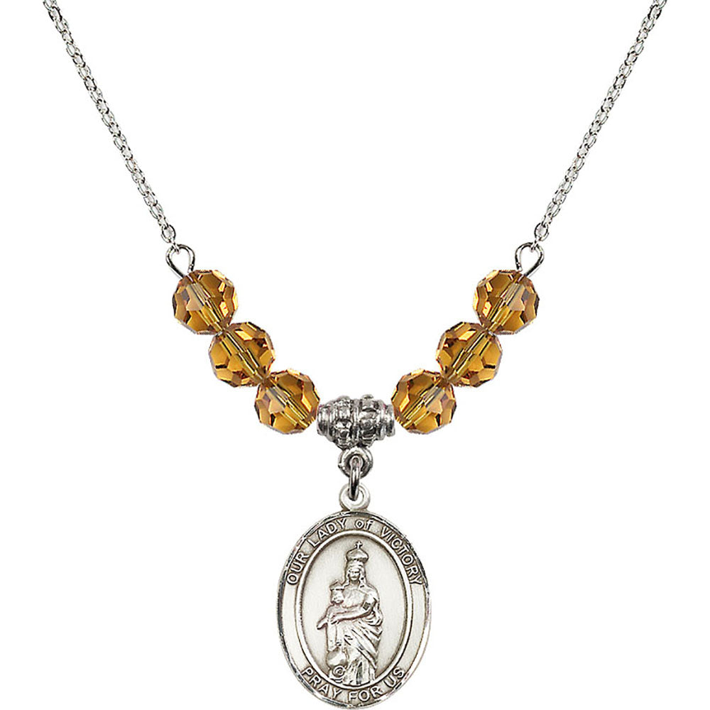 Sterling Silver Our Lady of Victory Birthstone Necklace with Topaz Beads - 8306