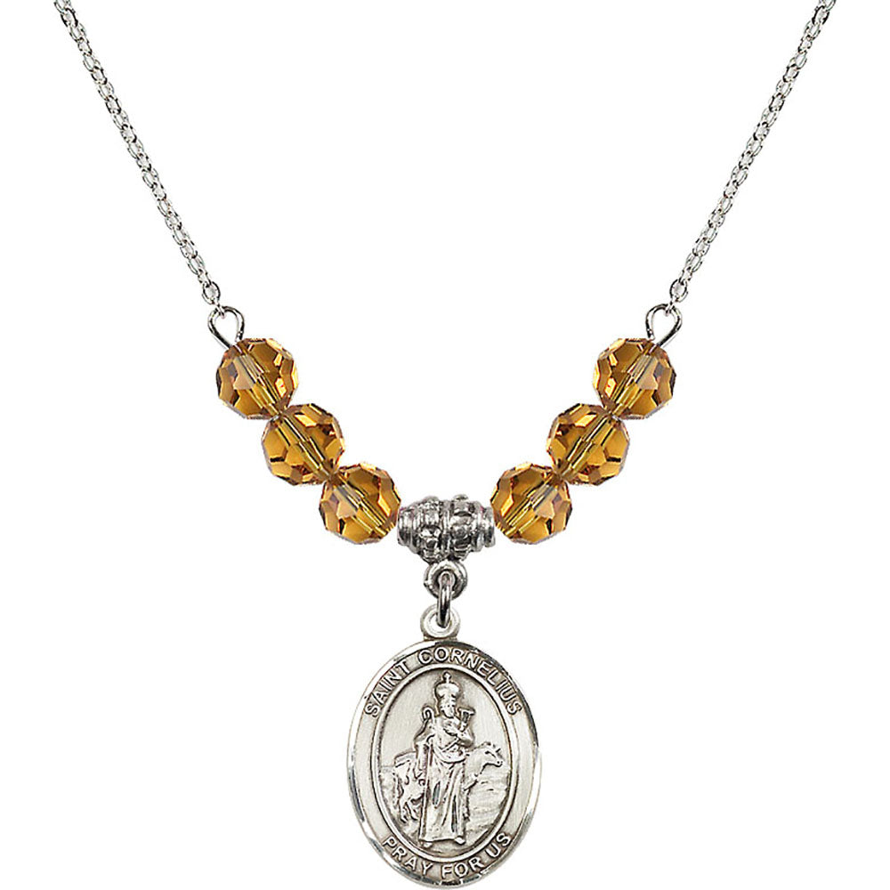 Sterling Silver Saint Cornelius Birthstone Necklace with Topaz Beads - 8325
