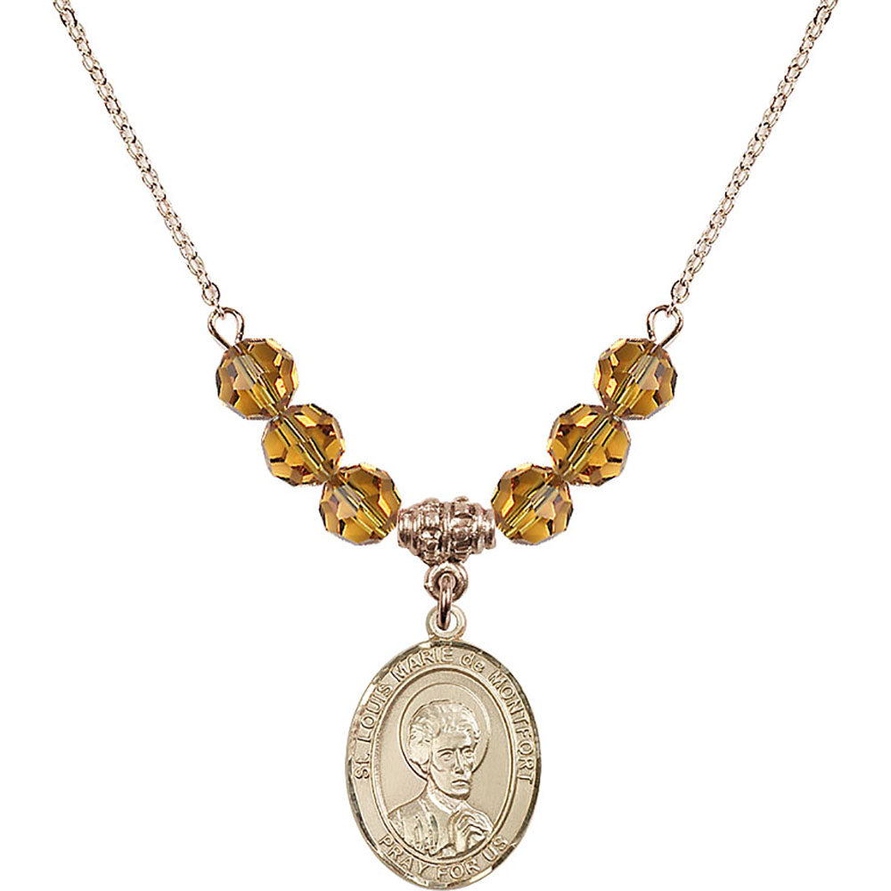 14kt Gold Filled Saint Louis Marie de Montfort Birthstone Necklace with Topaz Beads - 8330