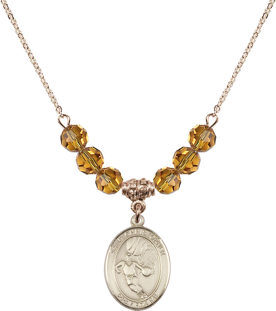 14kt Gold Filled Saint Sebastian/Basketball Birthstone Necklace with Topaz Beads - 8602