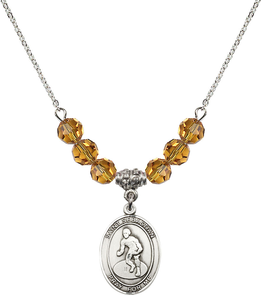 Sterling Silver Saint Sebastian/Wrestling Birthstone Necklace with Topaz Beads - 8608