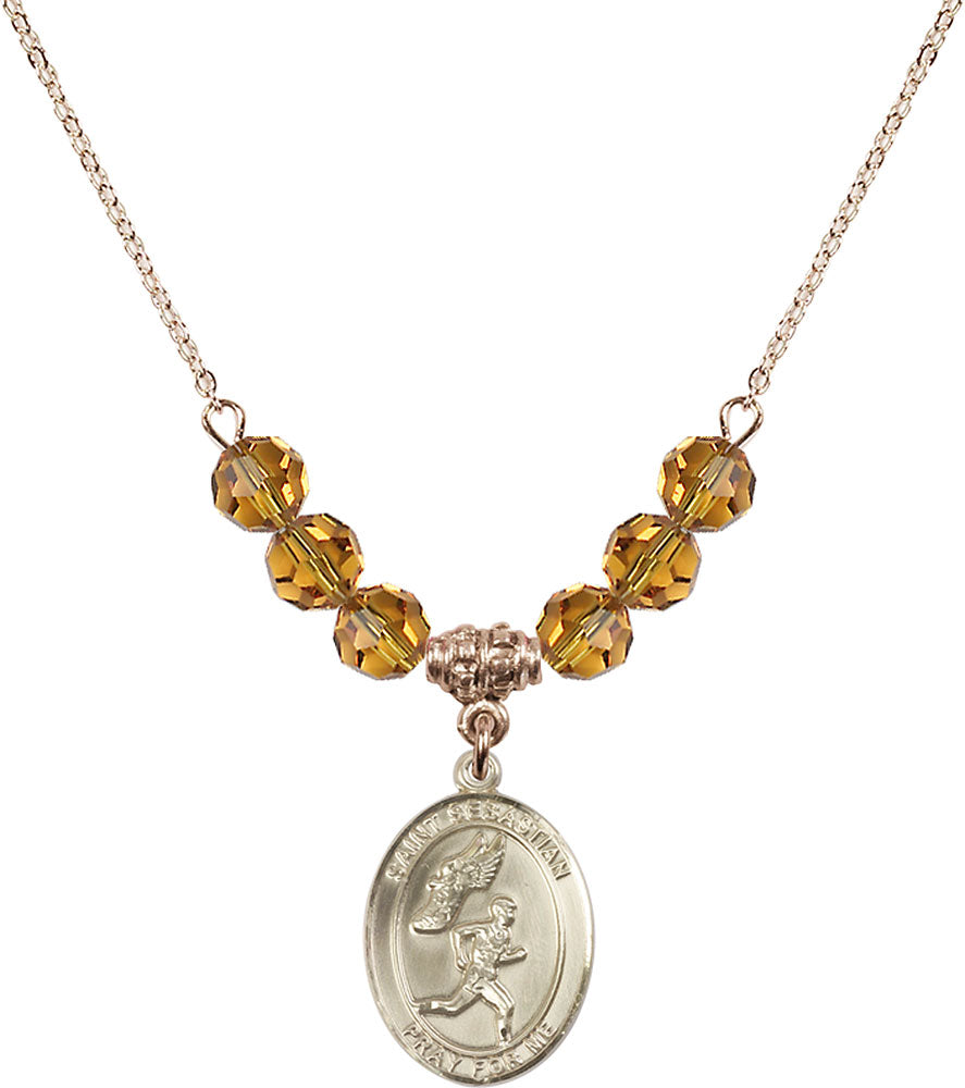 14kt Gold Filled Saint Sebastian /Track&Field-Men Birthstone Necklace with Topaz Beads - 8609
