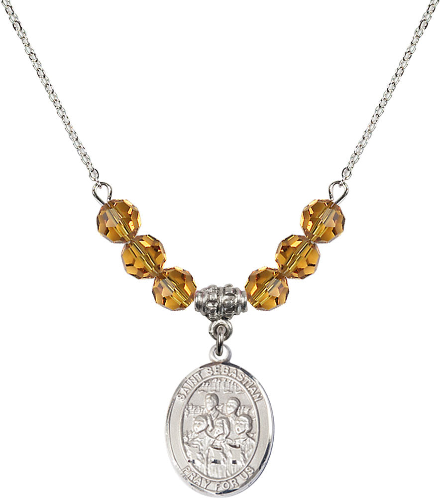 Sterling Silver Saint Sebastian / Choir Birthstone Necklace with Topaz Beads - 8614