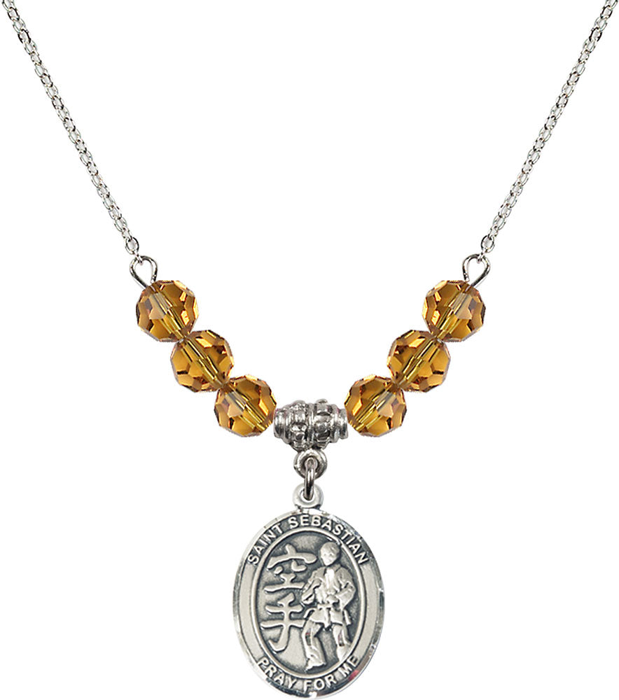 Sterling Silver Saint Sebastian/Karate Birthstone Necklace with Topaz Beads - 8615