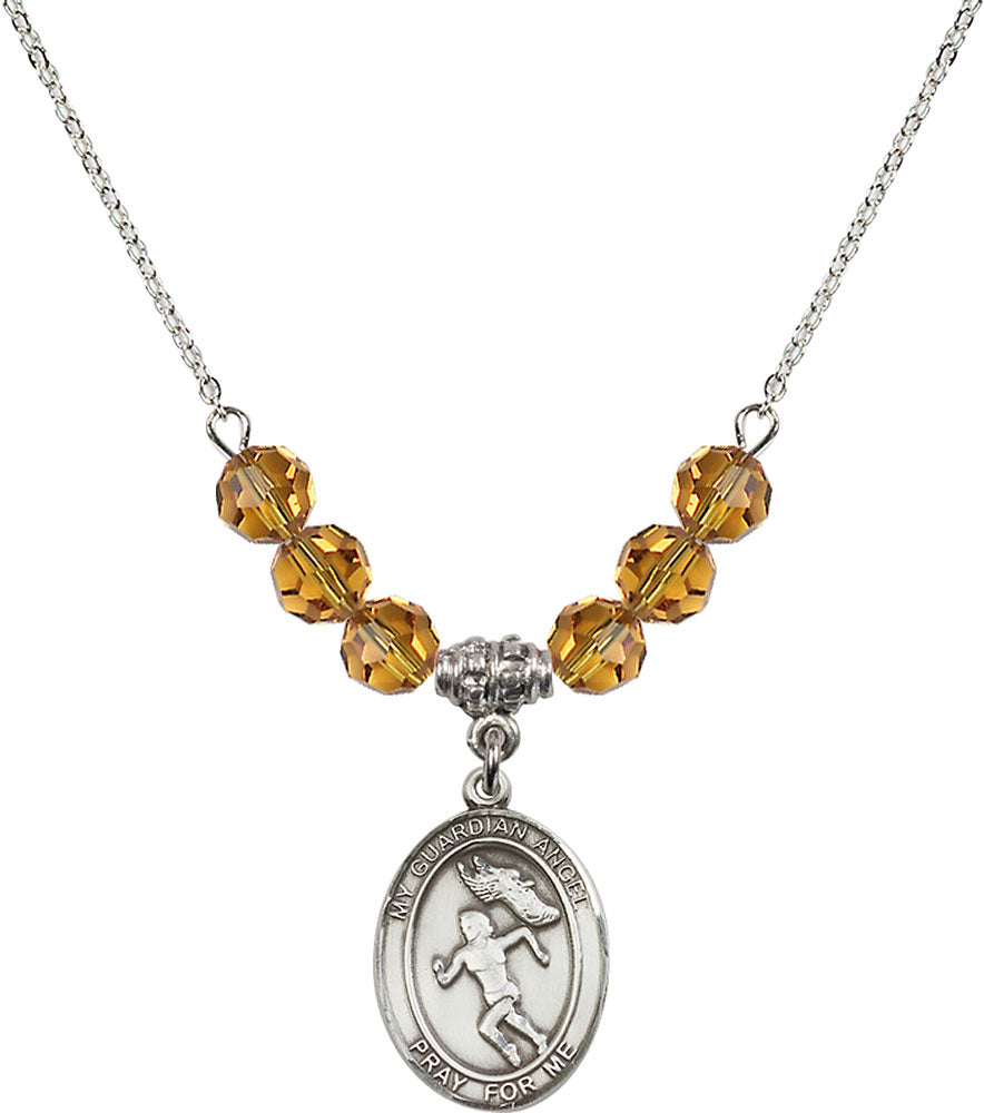 Sterling Silver Guardian Angel/Track&Field-Women Birthstone Necklace with Topaz Beads - 8710