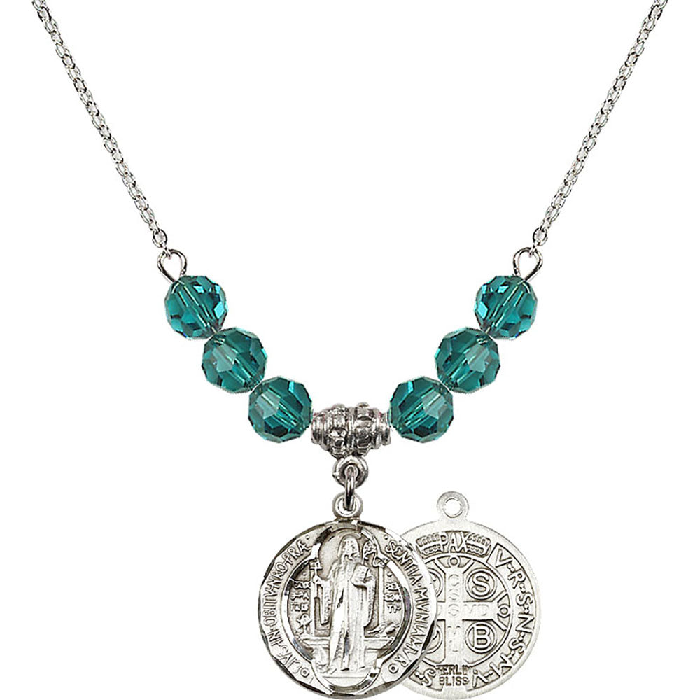 Sterling Silver Saint Benedict Birthstone Necklace with Zircon Beads - 0026