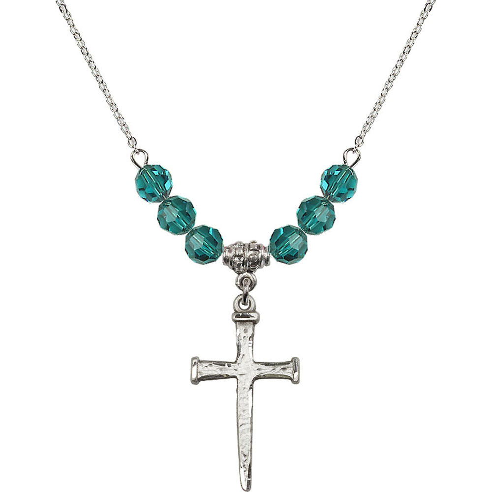 Sterling Silver Nail Cross Birthstone Necklace with Zircon Beads - 0085