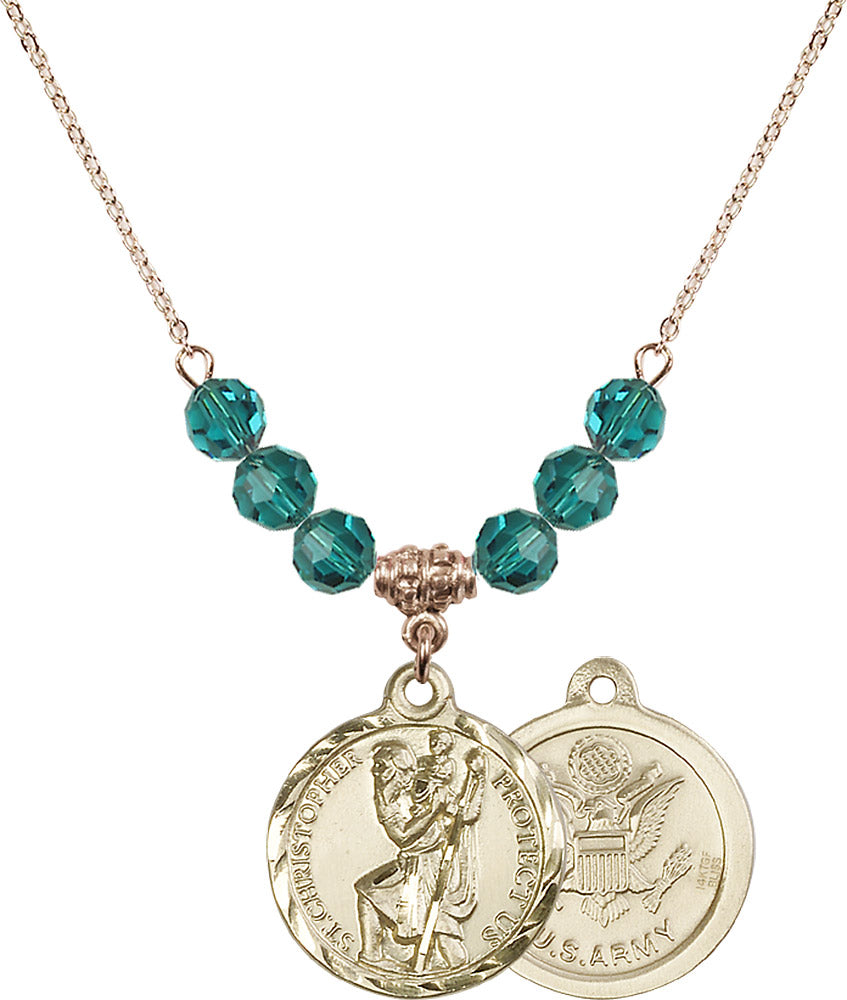 14kt Gold Filled Saint Christopher / Army Birthstone Necklace with Zircon Beads - 0192