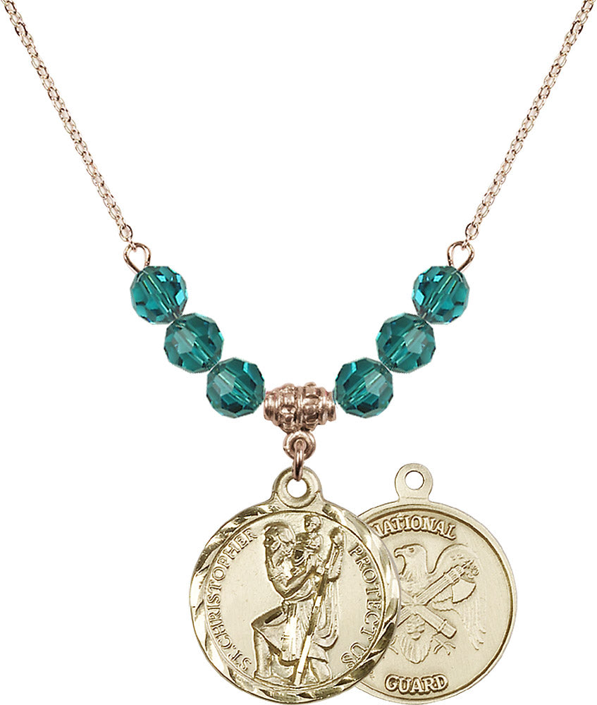 14kt Gold Filled Saint Christopher / Nat'l Guard Birthstone Necklace with Zircon Beads - 0192