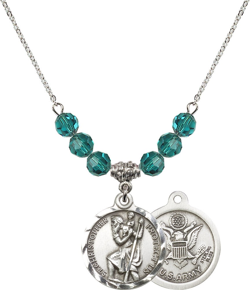 Sterling Silver Saint Christopher / Army Birthstone Necklace with Zircon Beads - 0192