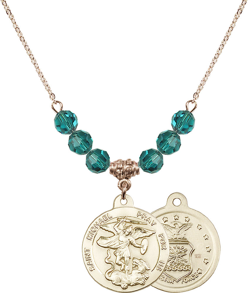 14kt Gold Filled Saint Michael / Air Force Birthstone Necklace with Zircon Beads - 0342