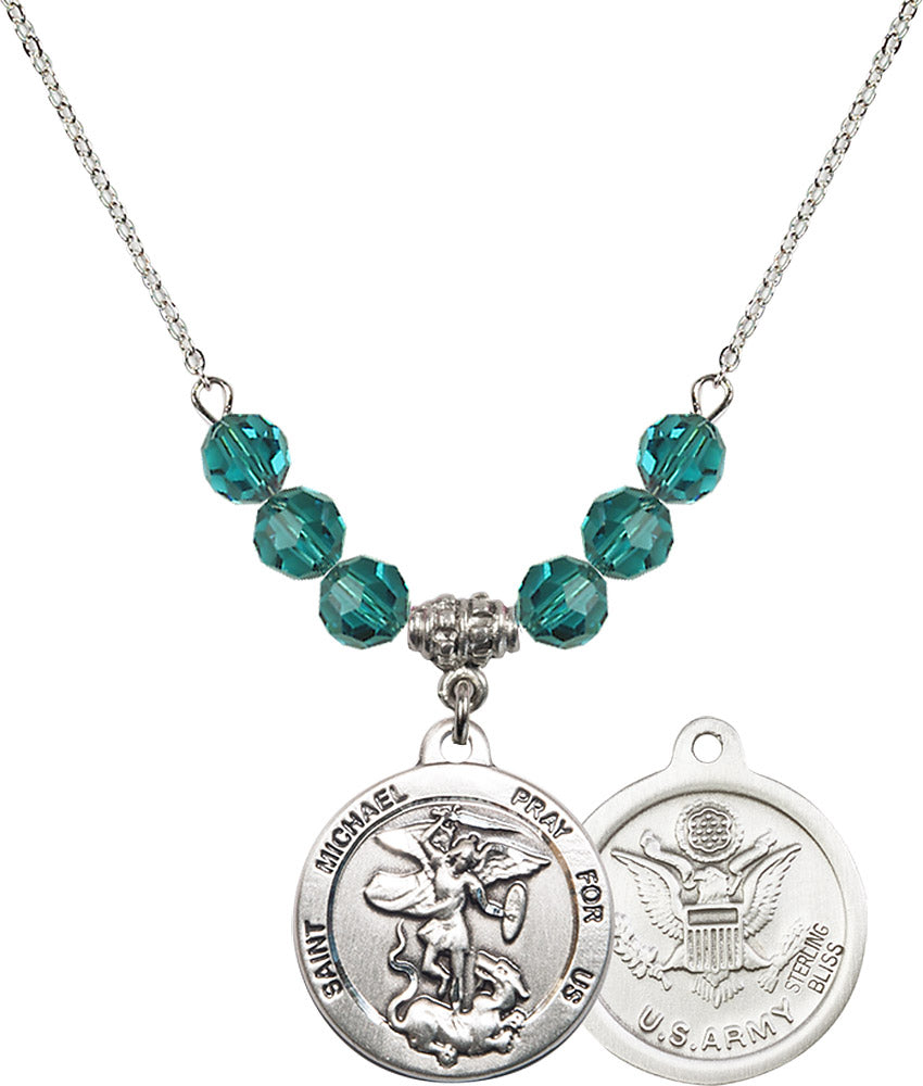 Sterling Silver Saint Michael / Army Birthstone Necklace with Zircon Beads - 0342