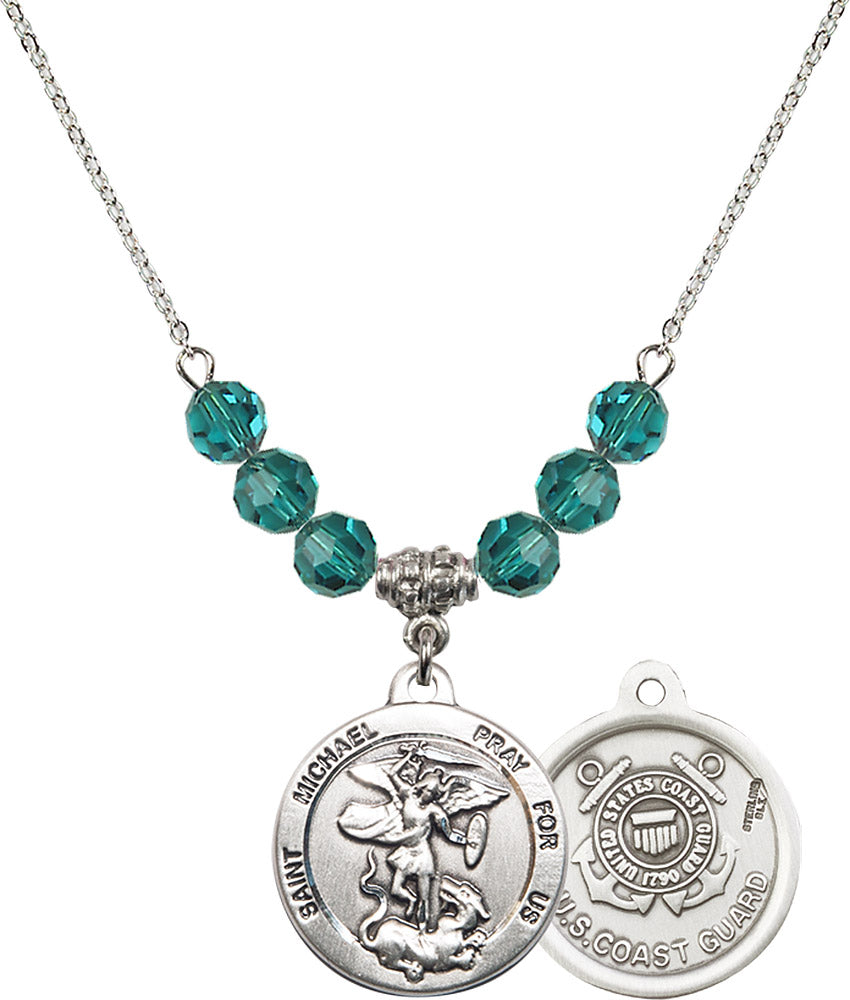Sterling Silver Saint Michael / Coast Guard Birthstone Necklace with Zircon Beads - 0342