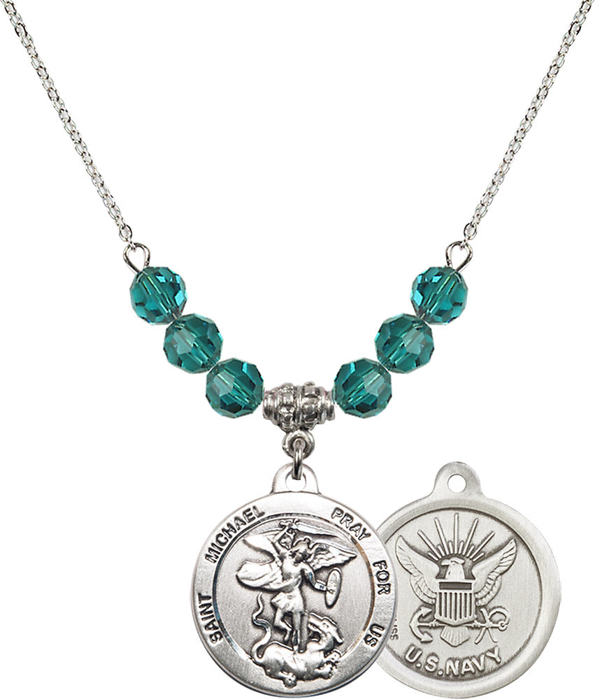 Sterling Silver Saint Michael / Navy Birthstone Necklace with Zircon Beads - 0342