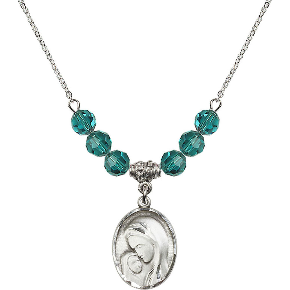Sterling Silver Madonna & Child Birthstone Necklace with Zircon Beads - 0447