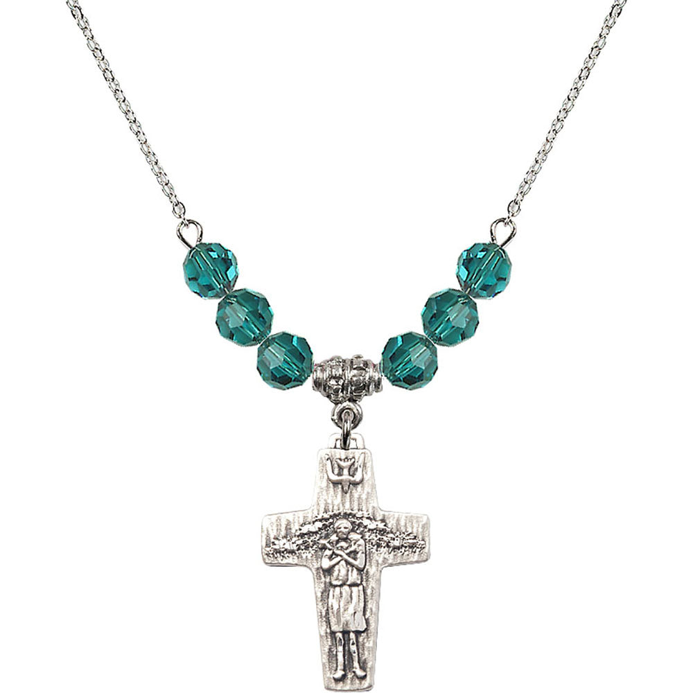 Sterling Silver Papal Crucifix Birthstone Necklace with Zircon Beads - 0569