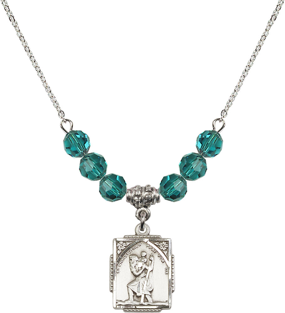 Sterling Silver Saint Christopher Birthstone Necklace with Zircon Beads - 0804