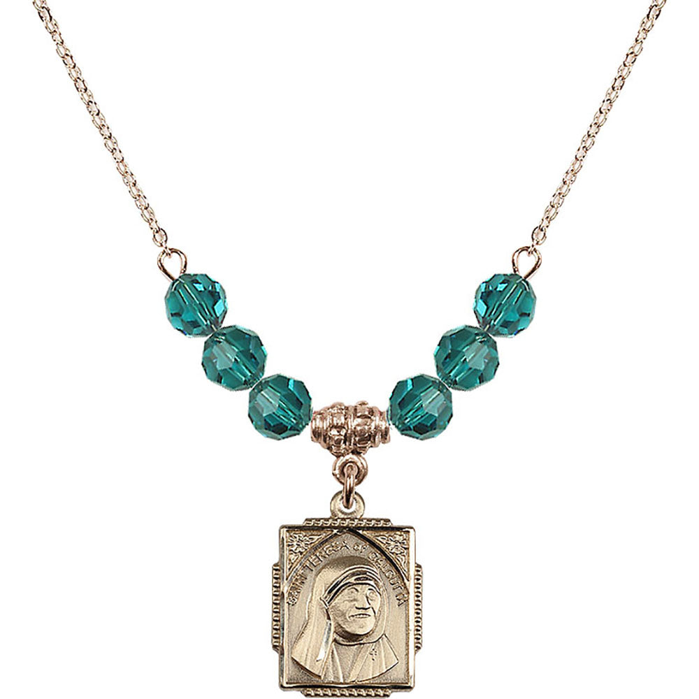 14kt Gold Filled Saint Teresa of Calcutta Birthstone Necklace with Zircon Beads - 0804