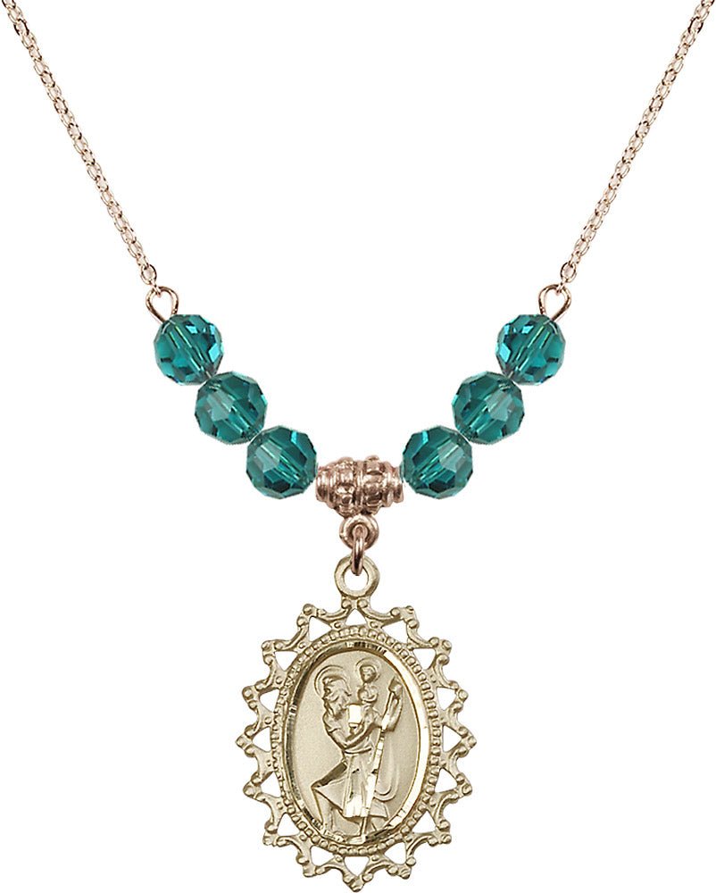 14kt Gold Filled Saint Christopher Birthstone Necklace with Zircon Beads - 1619