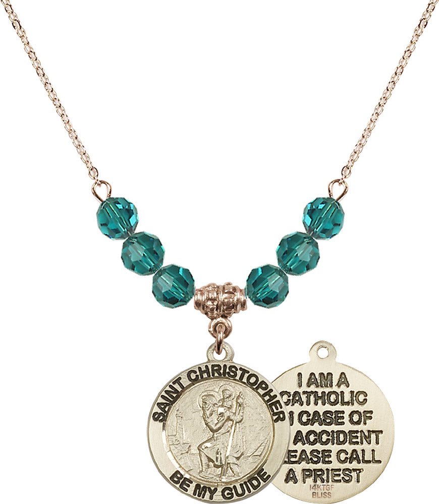 14kt Gold Filled Saint Christopher Birthstone Necklace with Zircon Beads - 4049