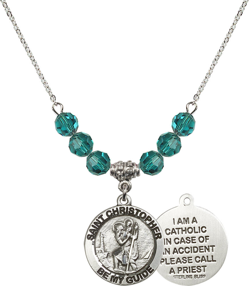 Sterling Silver Saint Christopher Birthstone Necklace with Zircon Beads - 4049