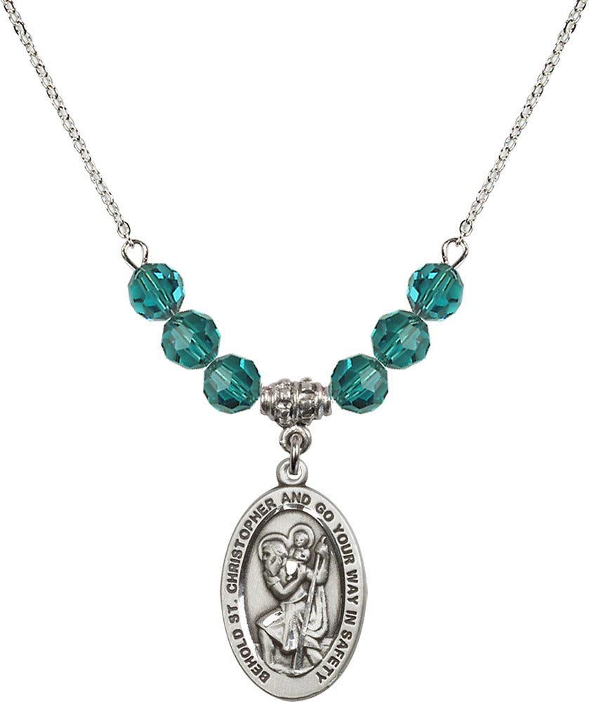 Sterling Silver Saint Christopher Birthstone Necklace with Zircon Beads - 4123