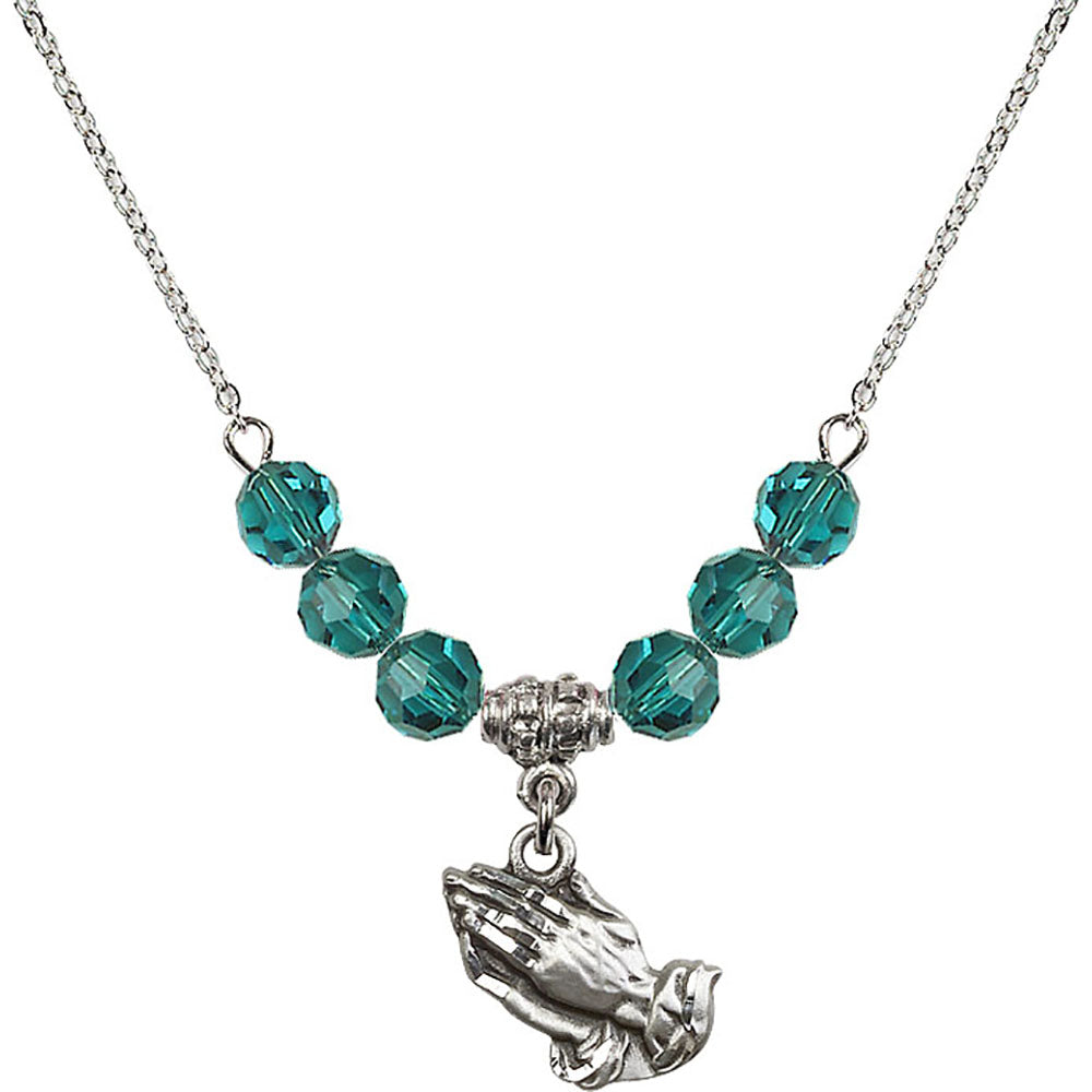Sterling Silver Praying Hands Birthstone Necklace with Zircon Beads - 4219