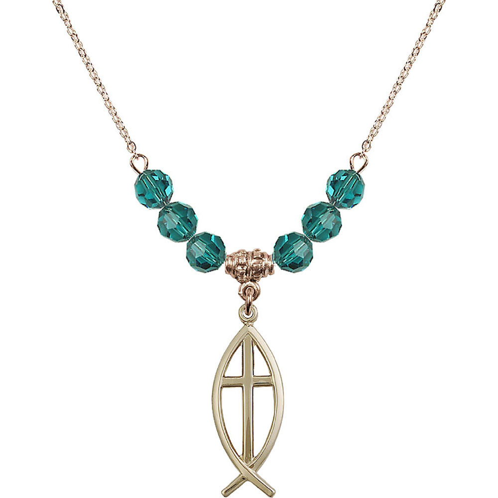 14kt Gold Filled Fish / Cross Birthstone Necklace with Zircon Beads - 4252