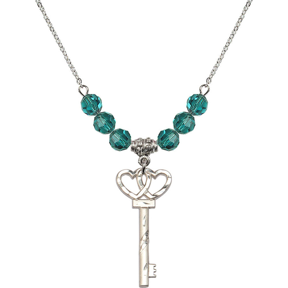Sterling Silver Small Key w/Double Hearts Birthstone Necklace with Zircon Beads - 6213
