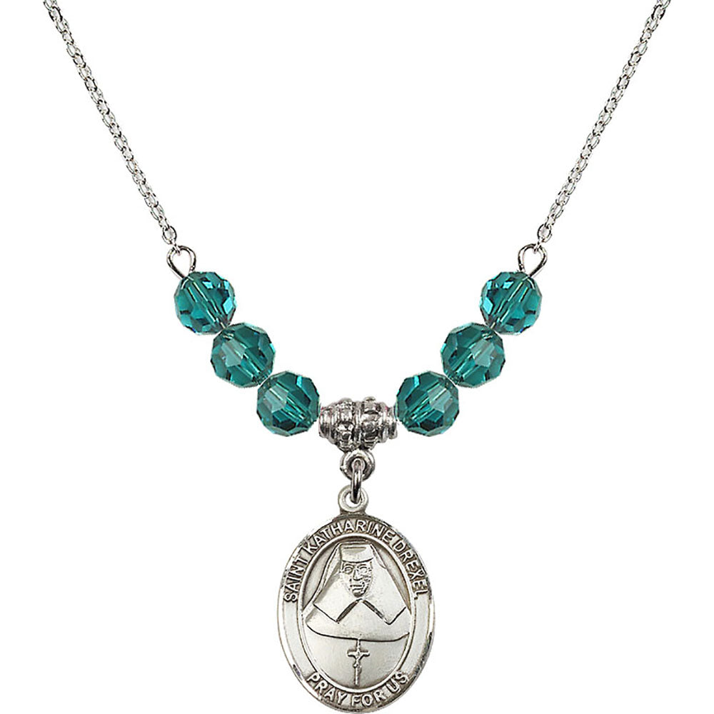 Sterling Silver Saint Katharine Drexel Birthstone Necklace with Zircon Beads - 8015