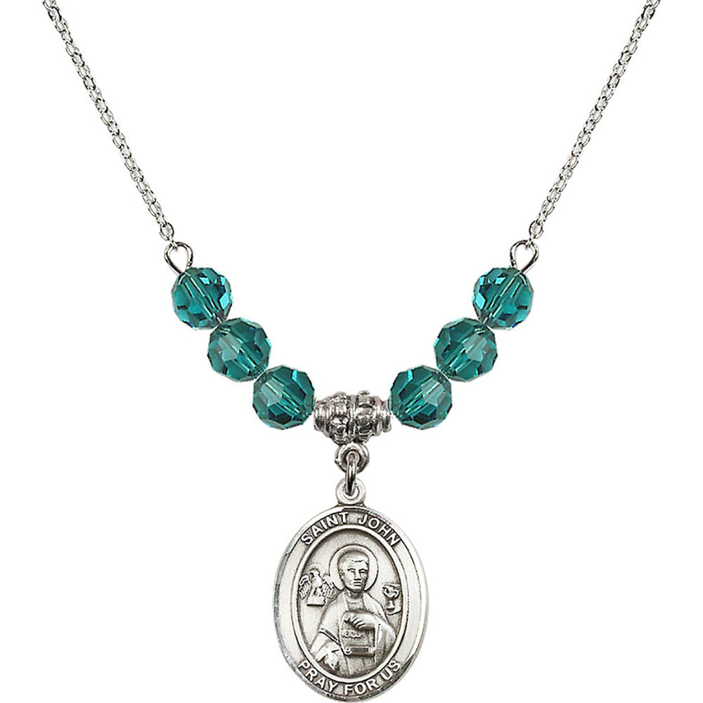 Sterling Silver Saint John the Apostle Birthstone Necklace with Zircon Beads - 8056