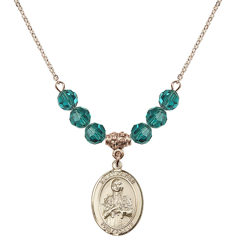 14kt Gold Filled Saint Kateri Tekakwitha Birthstone Necklace with Zircon Beads - 8061
