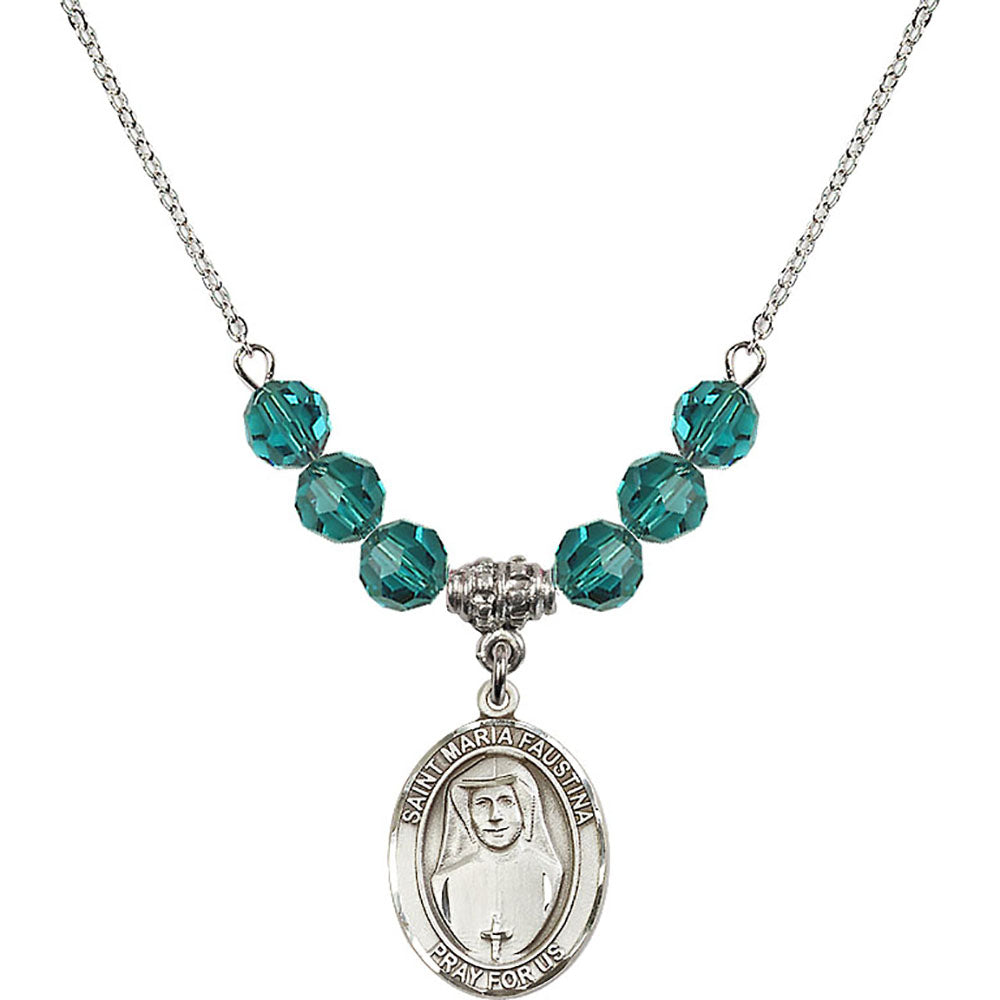 Sterling Silver Saint Maria Faustina Birthstone Necklace with Zircon Beads - 8069