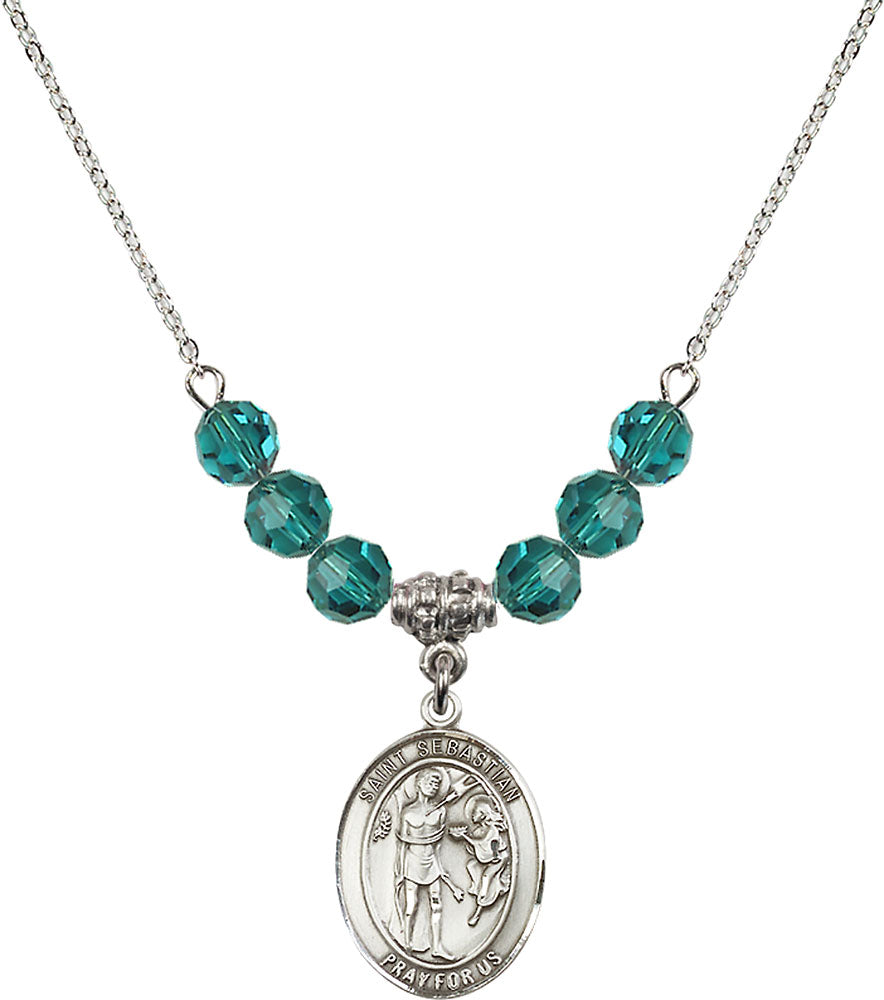 Sterling Silver Saint Sebastian Birthstone Necklace with Zircon Beads - 8100