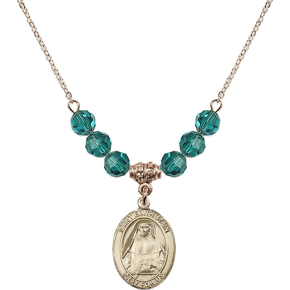 14kt Gold Filled Saint Edith Stein Birthstone Necklace with Zircon Beads - 8103