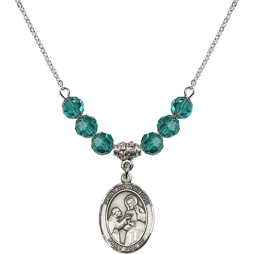 Sterling Silver Saint John of God Birthstone Necklace with Zircon Beads - 8112