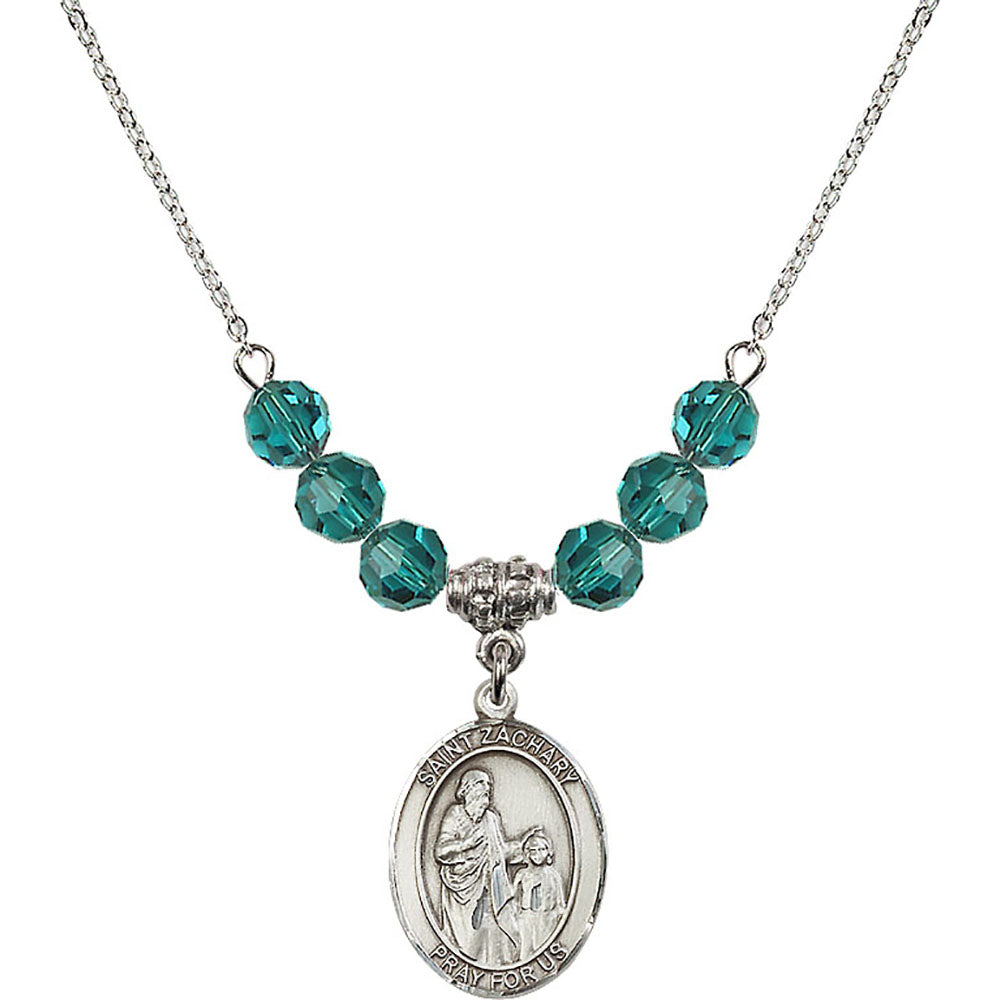 Sterling Silver Saint Zachary Birthstone Necklace with Zircon Beads - 8116