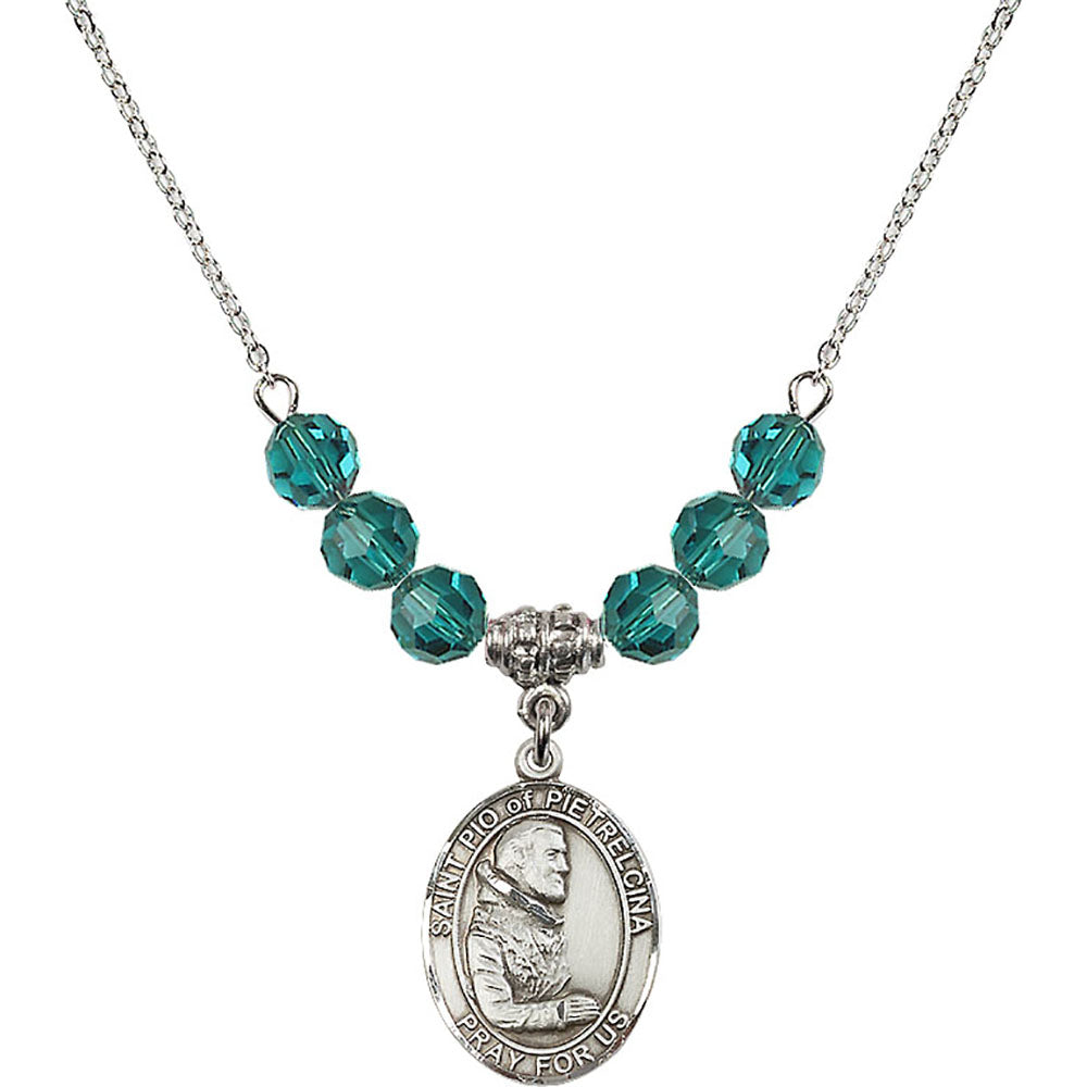 Sterling Silver Saint Pio of Pietrelcina Birthstone Necklace with Zircon Beads - 8125