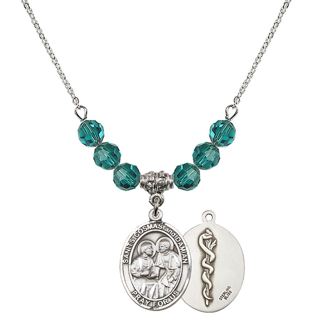 Sterling Silver Saints Cosmas & Damian / Doctors Birthstone Necklace with Zircon Beads - 8132