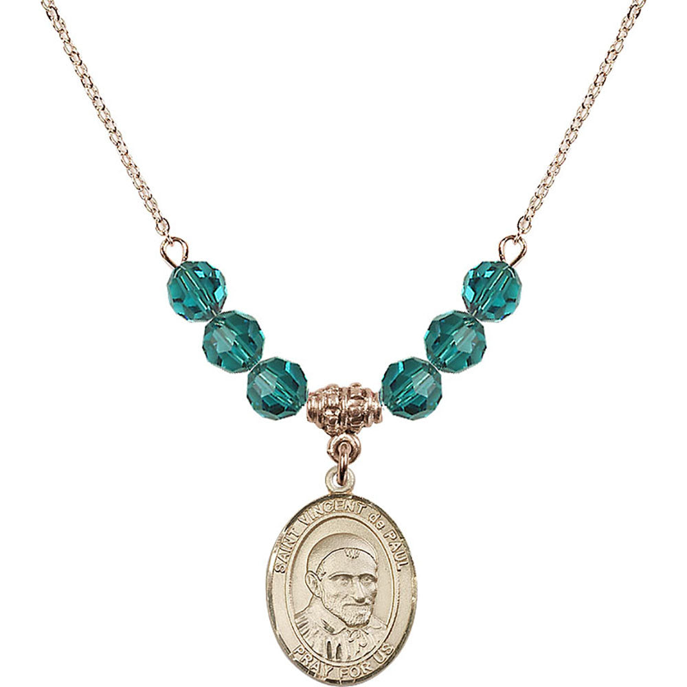 14kt Gold Filled Saint Vincent De Paul Birthstone Necklace with Zircon Beads - 8134