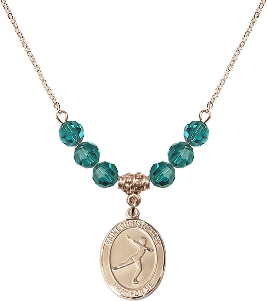 14kt Gold Filled Saint Christopher/Figure Skating Birthstone Necklace with Zircon Beads - 8139