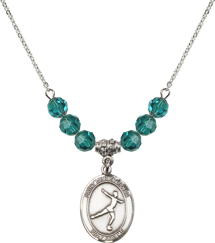 Sterling Silver Saint Christopher/Figure Skating Birthstone Necklace with Zircon Beads - 8139
