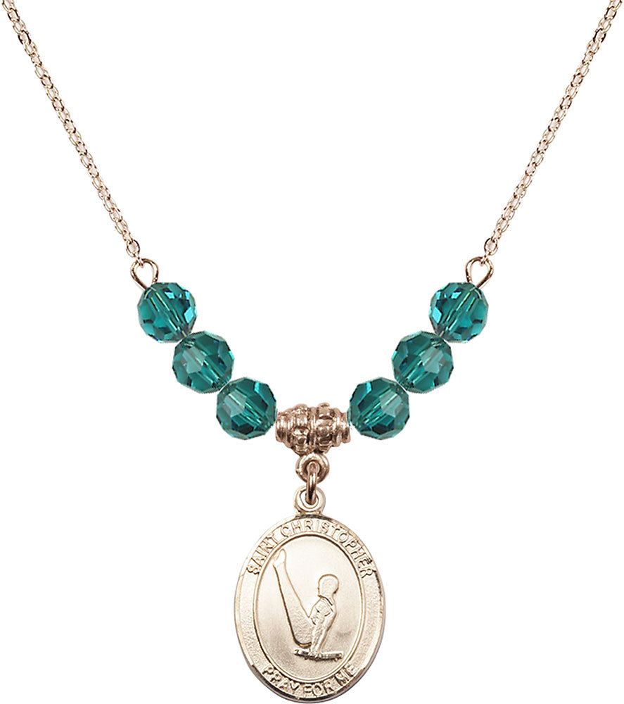 14kt Gold Filled Saint Christopher/Gymnastics Birthstone Necklace with Zircon Beads - 8142