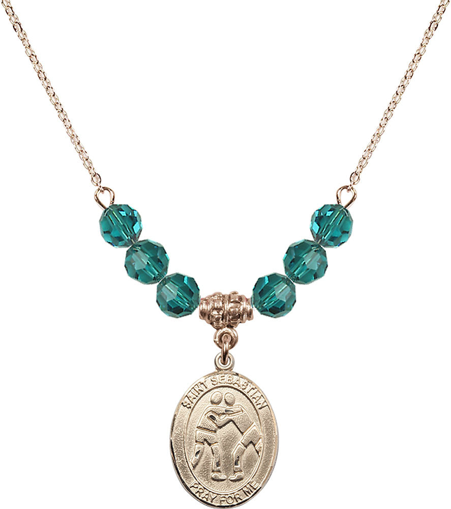 14kt Gold Filled Saint Sebastian/Wrestling Birthstone Necklace with Zircon Beads - 8171