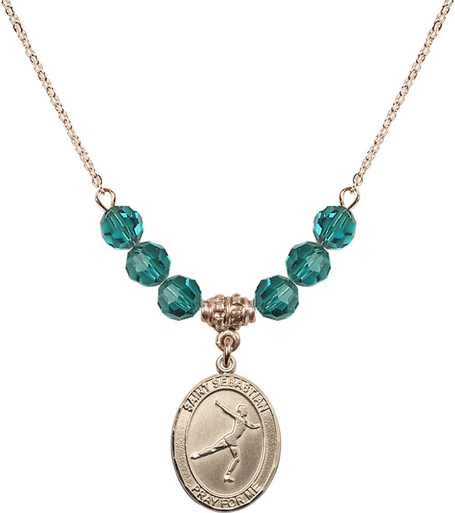 14kt Gold Filled Saint Sebastian/Figure Skating Birthstone Necklace with Zircon Beads - 8177