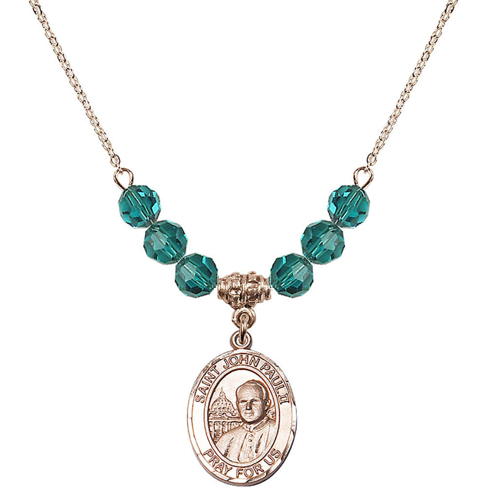14kt Gold Filled Saint John Paul II Birthstone Necklace with Zircon Beads - 8234